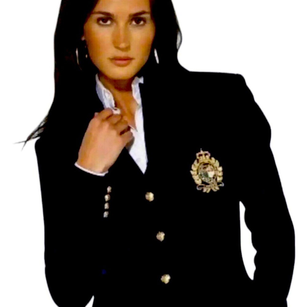 Lauren Ralph Lauren 100% Linen Black Embroidered Crested Blazer Coat, Women’s 16